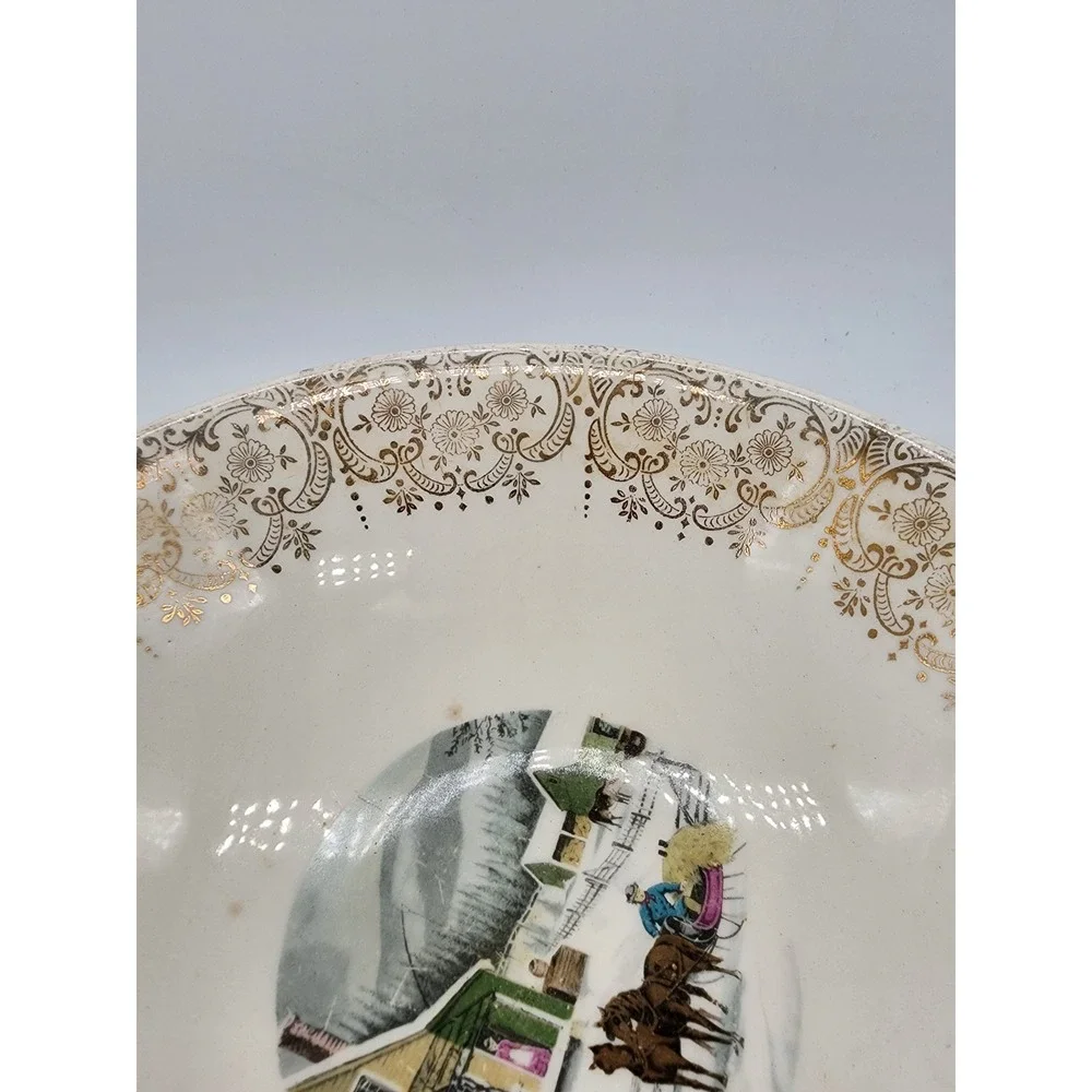 Royal Monarch Currier & Ives Winter Scene Bowl 22KT Gold Filigree Rim Vintage